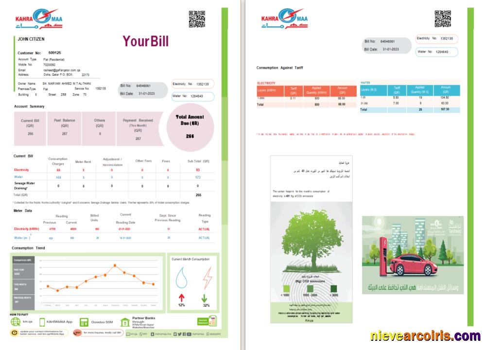 Qatar Kahra Maa utility bill, 2 pages